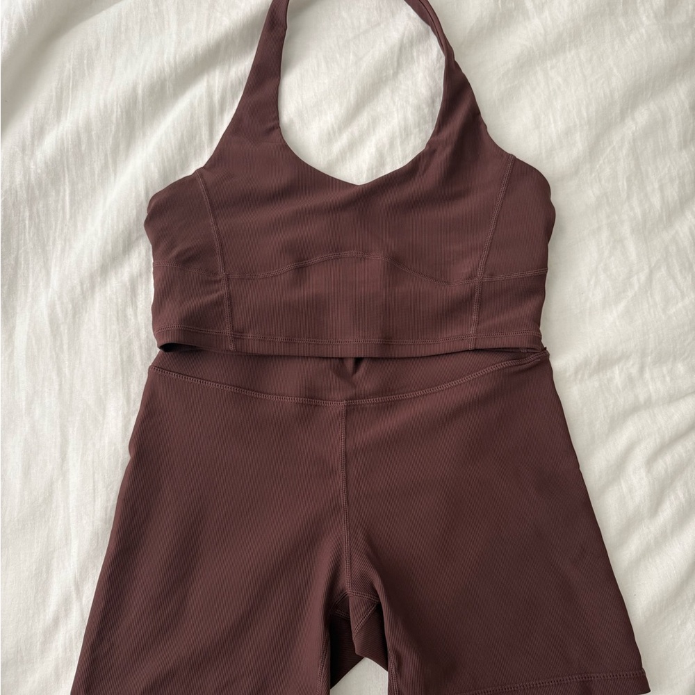 Wilo Australia Brown Halter Top & Biker Shorts - Workout Set Large Chocolate L